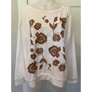 TALBOTS Womens Knit TOP Long Sleeve WHITE Brown Embroidery Round Neck Size 2X